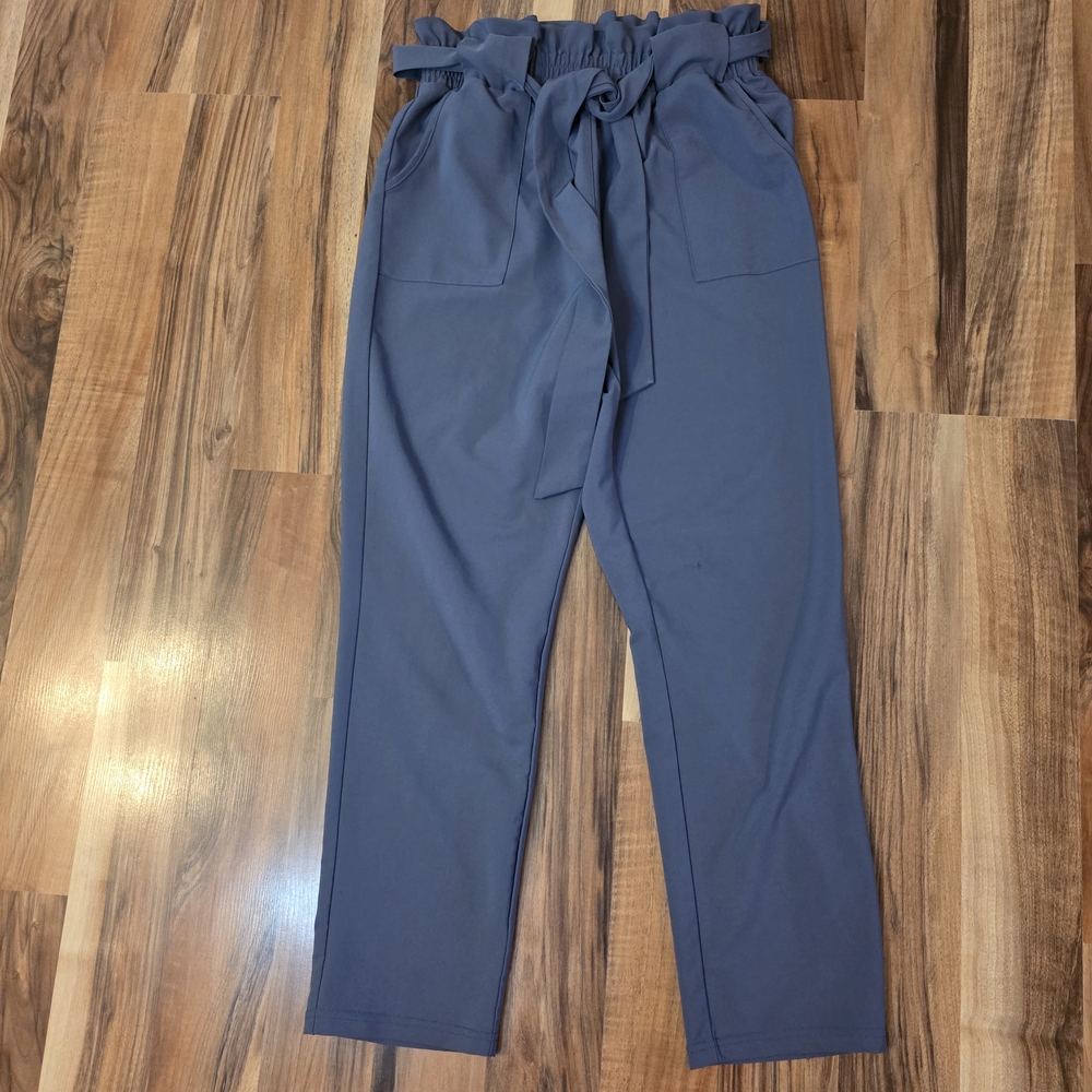 Grace Karin Slate Blue Paperbag Waist Tie-Belt Pants Quiet Luxury Minimalist